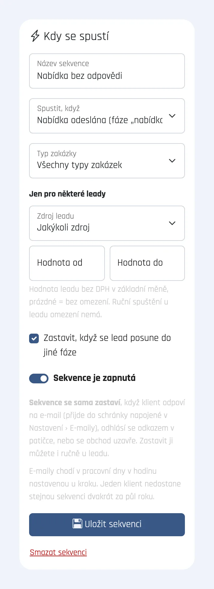 Nastavení spuštění sekvence